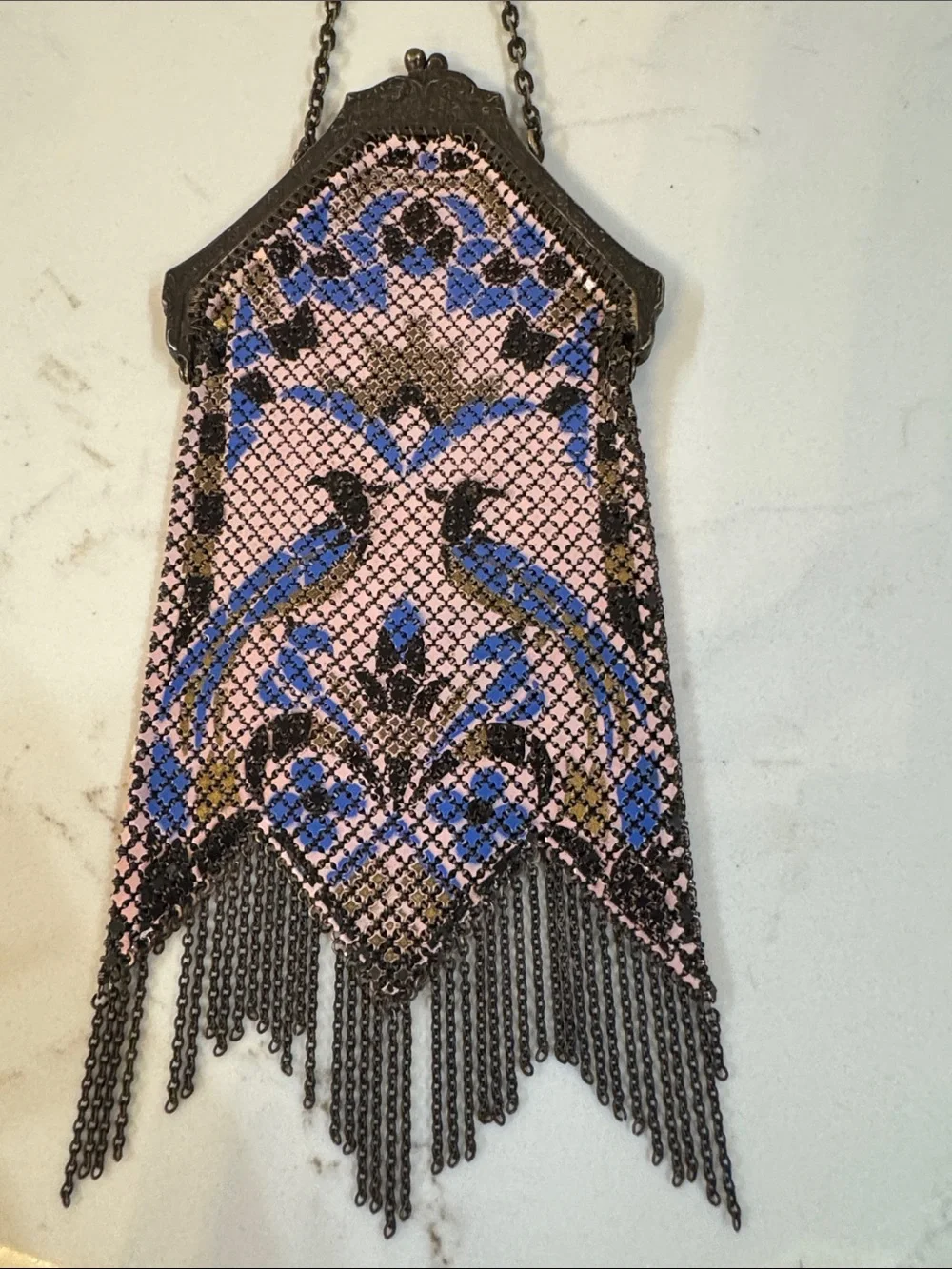 Antique Mandalian Mesh Enamel Flapper Purse Birds w/ Fringe
